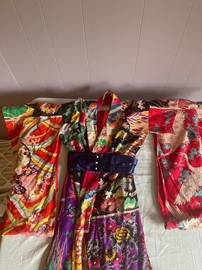 Colorful Floral Crane Kimono Dress with Navy Belt